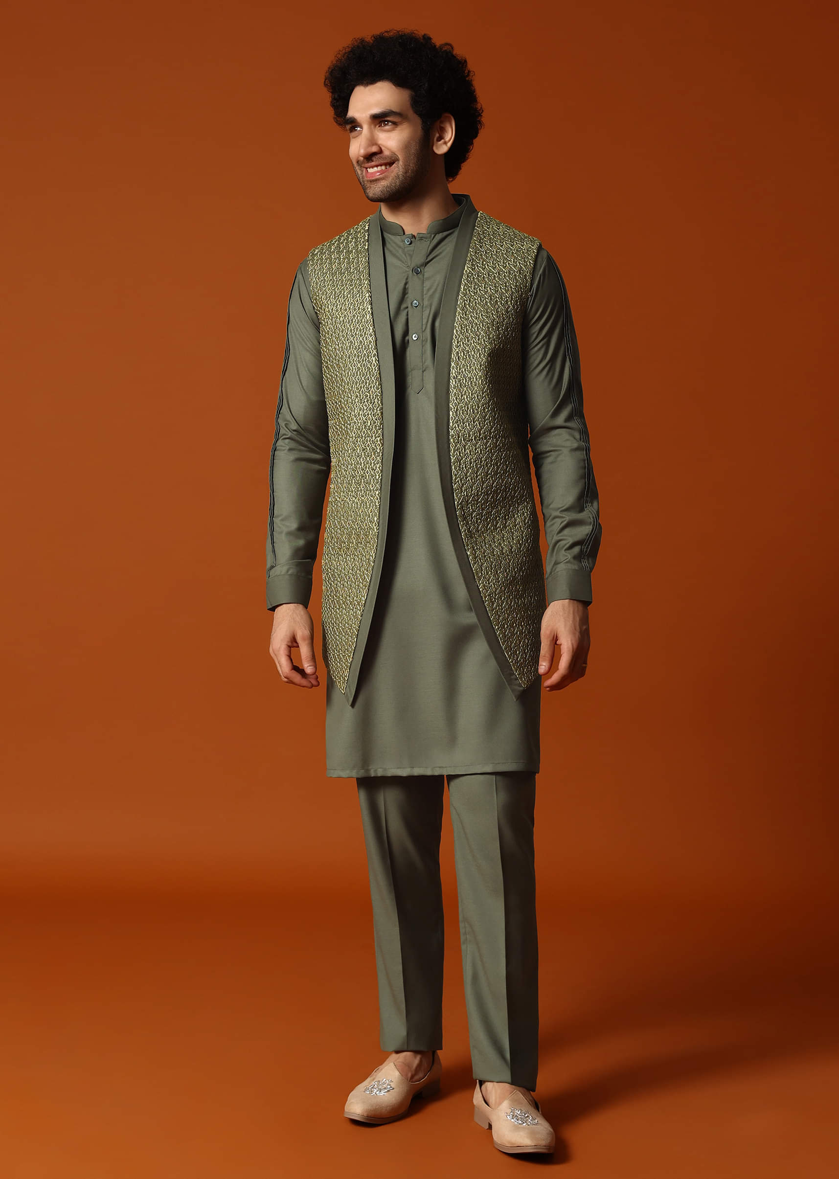 Buy Olive Green Embroidered Kurta Jacket Set For Men - Main Image