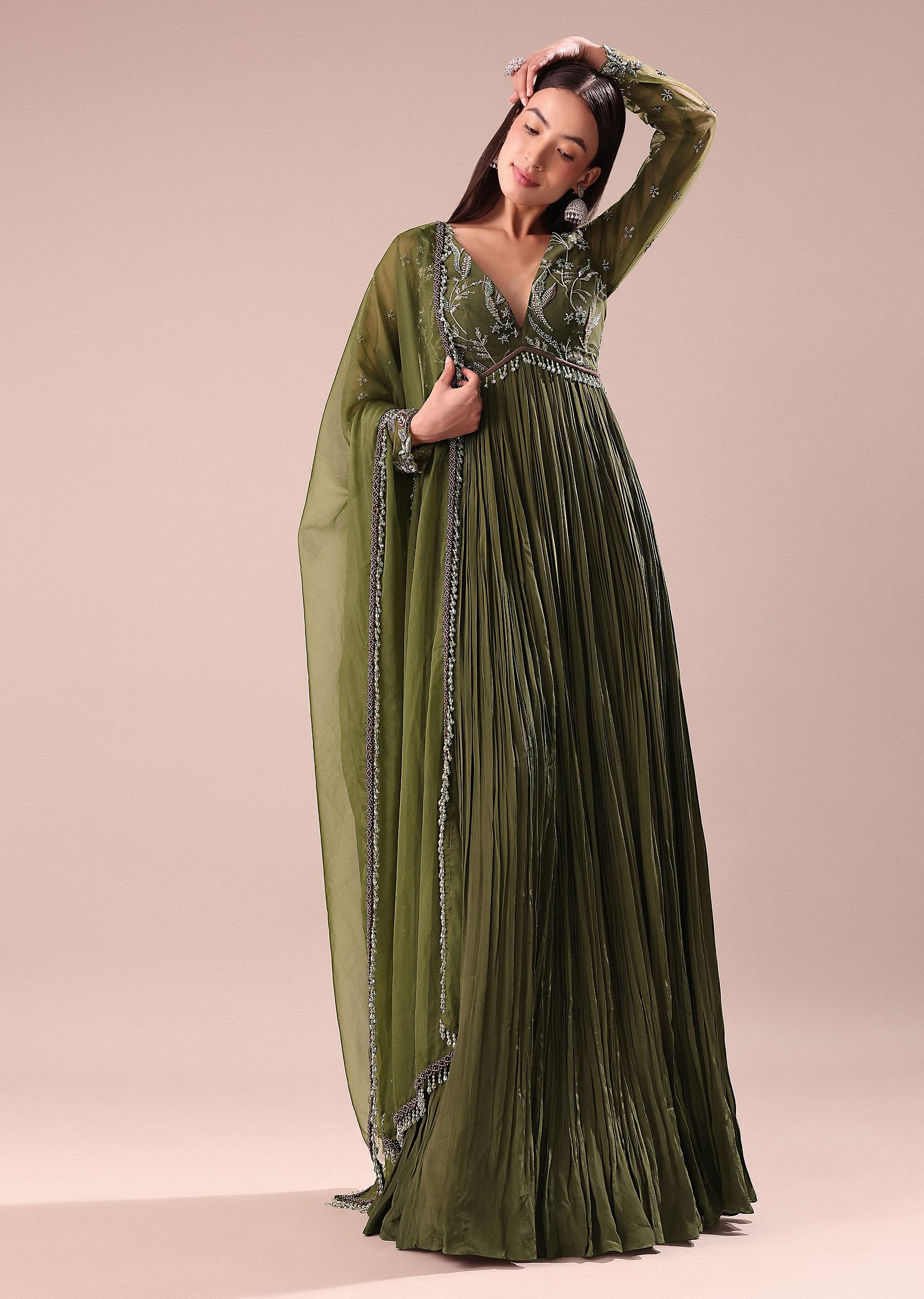 Buy Olive Green Hand Embroidered Crepe Full Anarkali Suit Online in India