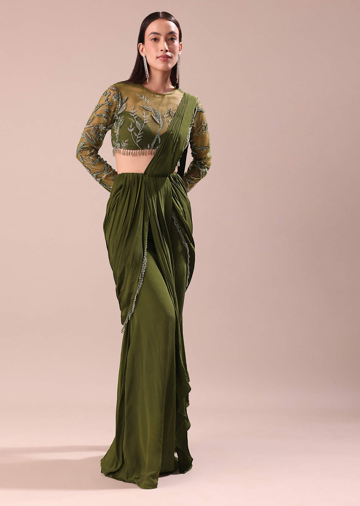 Olive Green Pre Draped Saree With Embroidered Blouse