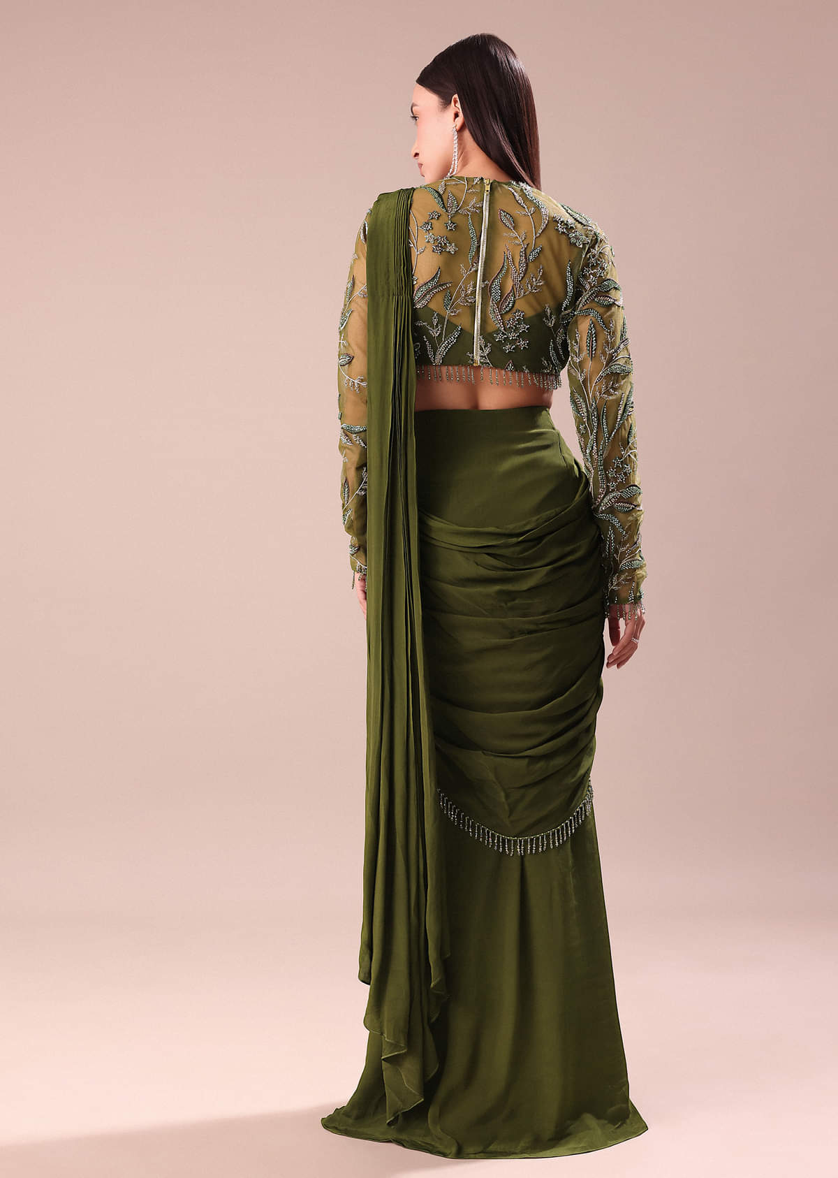 Olive Green Pre Draped Saree With Embroidered Blouse