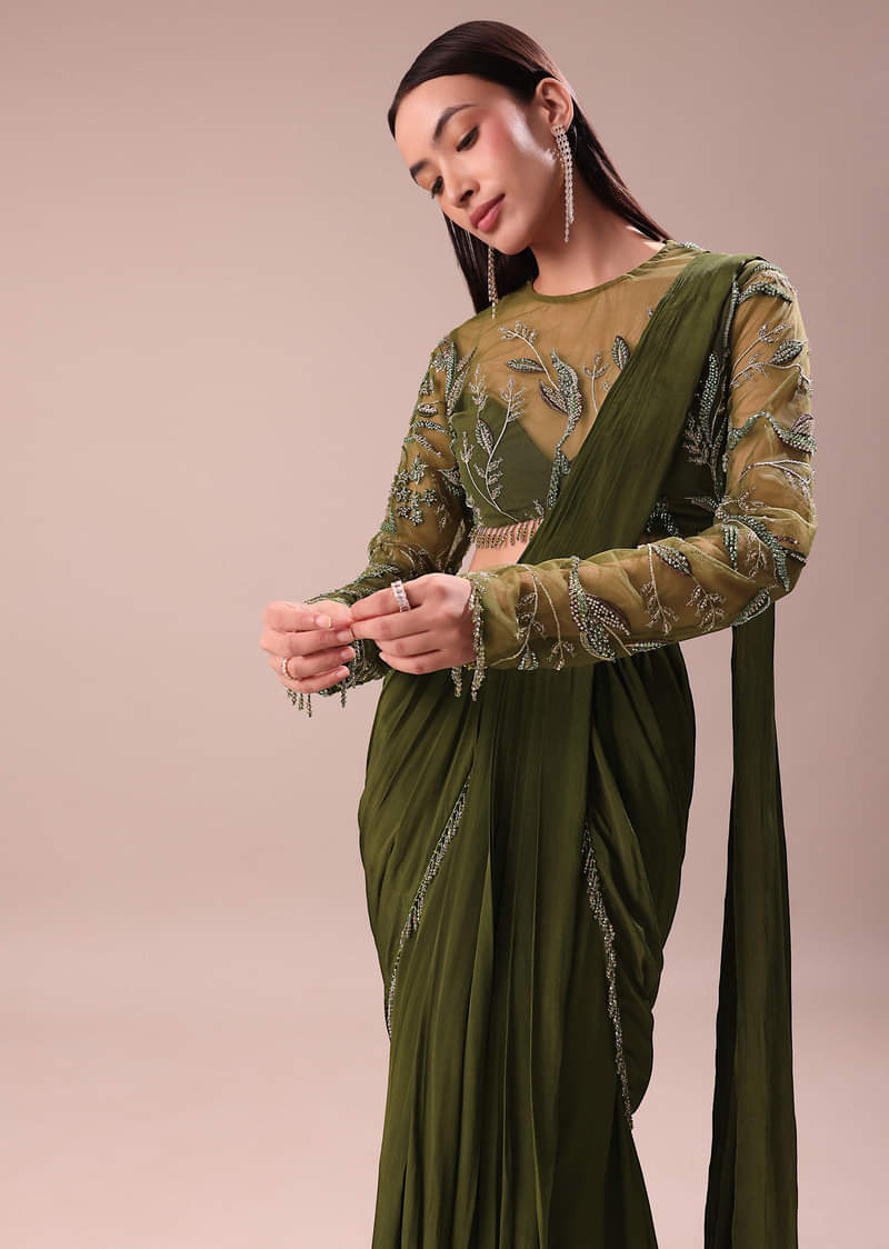Olive Green Pre Draped Saree With Embroidered Blouse