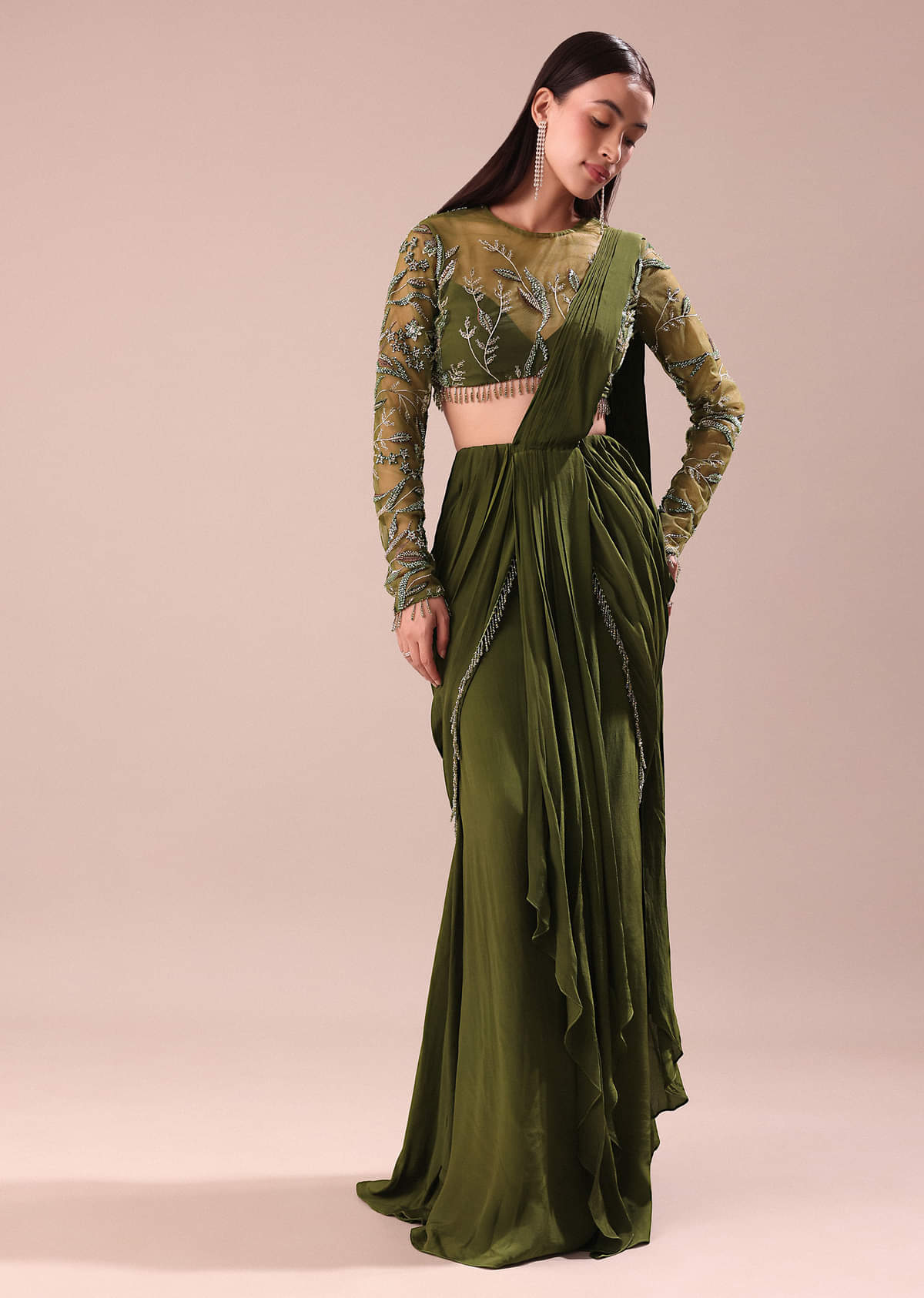 Olive Green Pre Draped Saree With Embroidered Blouse