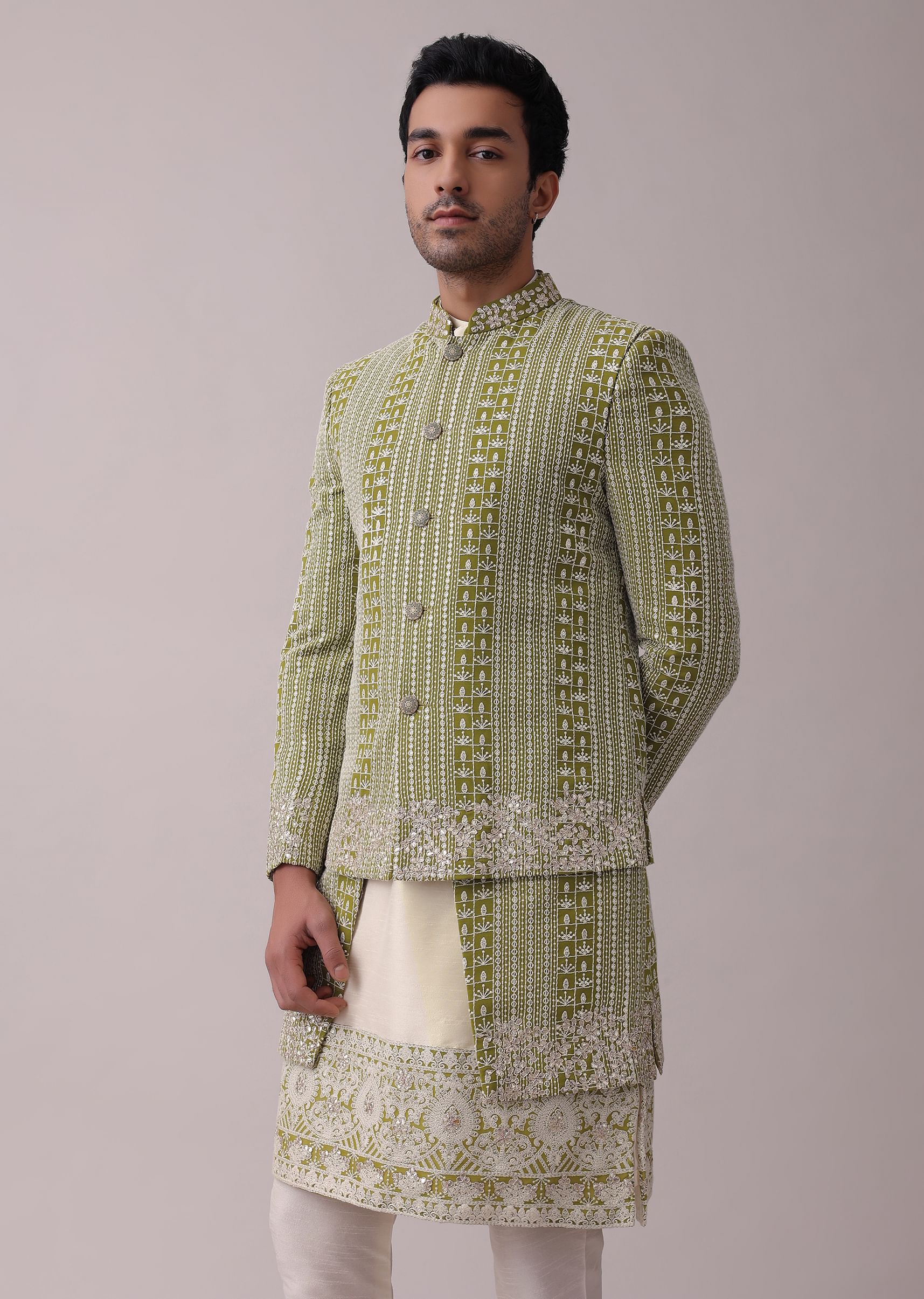Buy Olive Green Sherwani Set In Silk With Lucknowi Embroidery And Sequins Work KALKI Fashion India