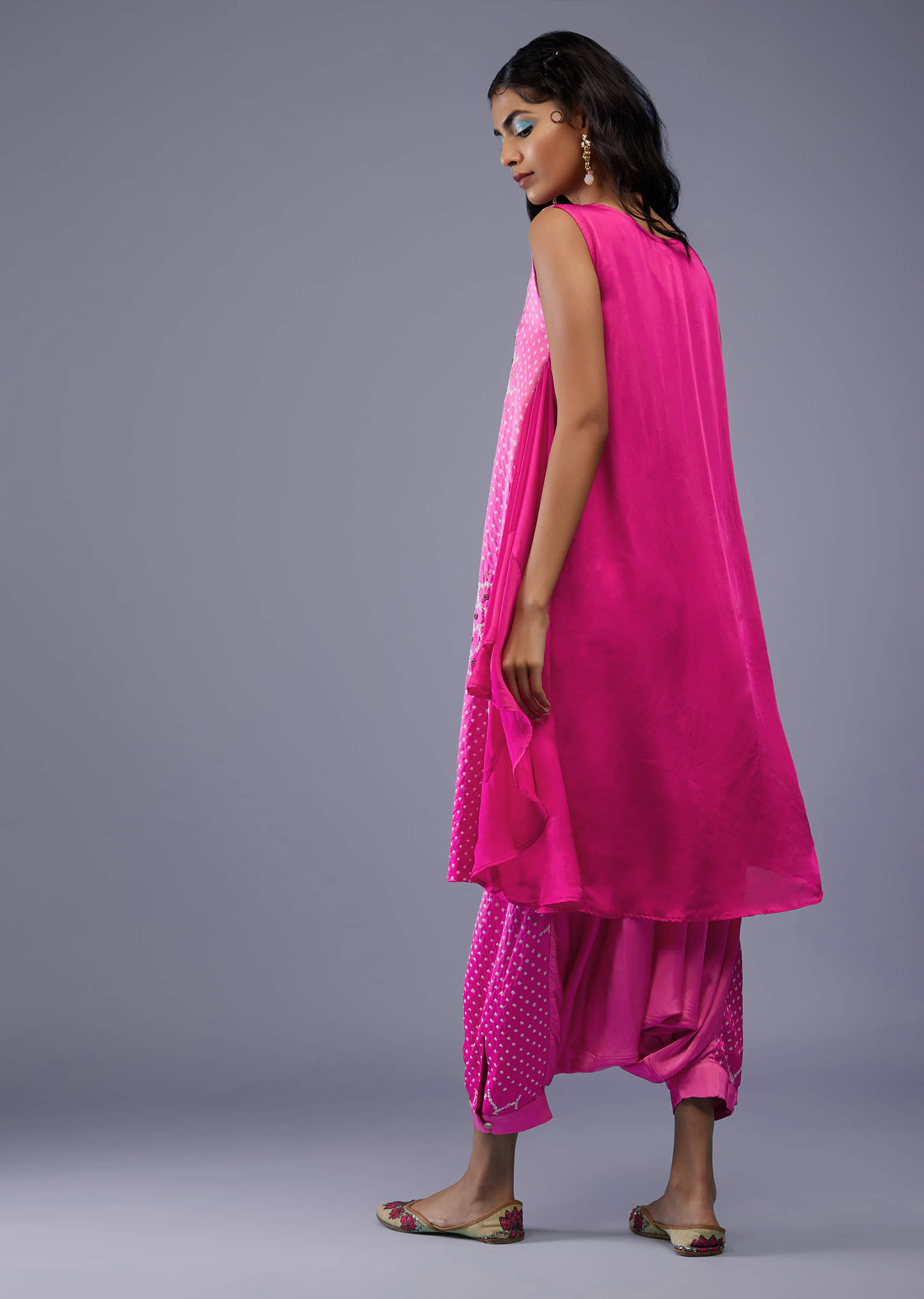 Buy Ombre Fuschia Pink Silk Bandhani Tunic Top & Dhoti with Embroidery