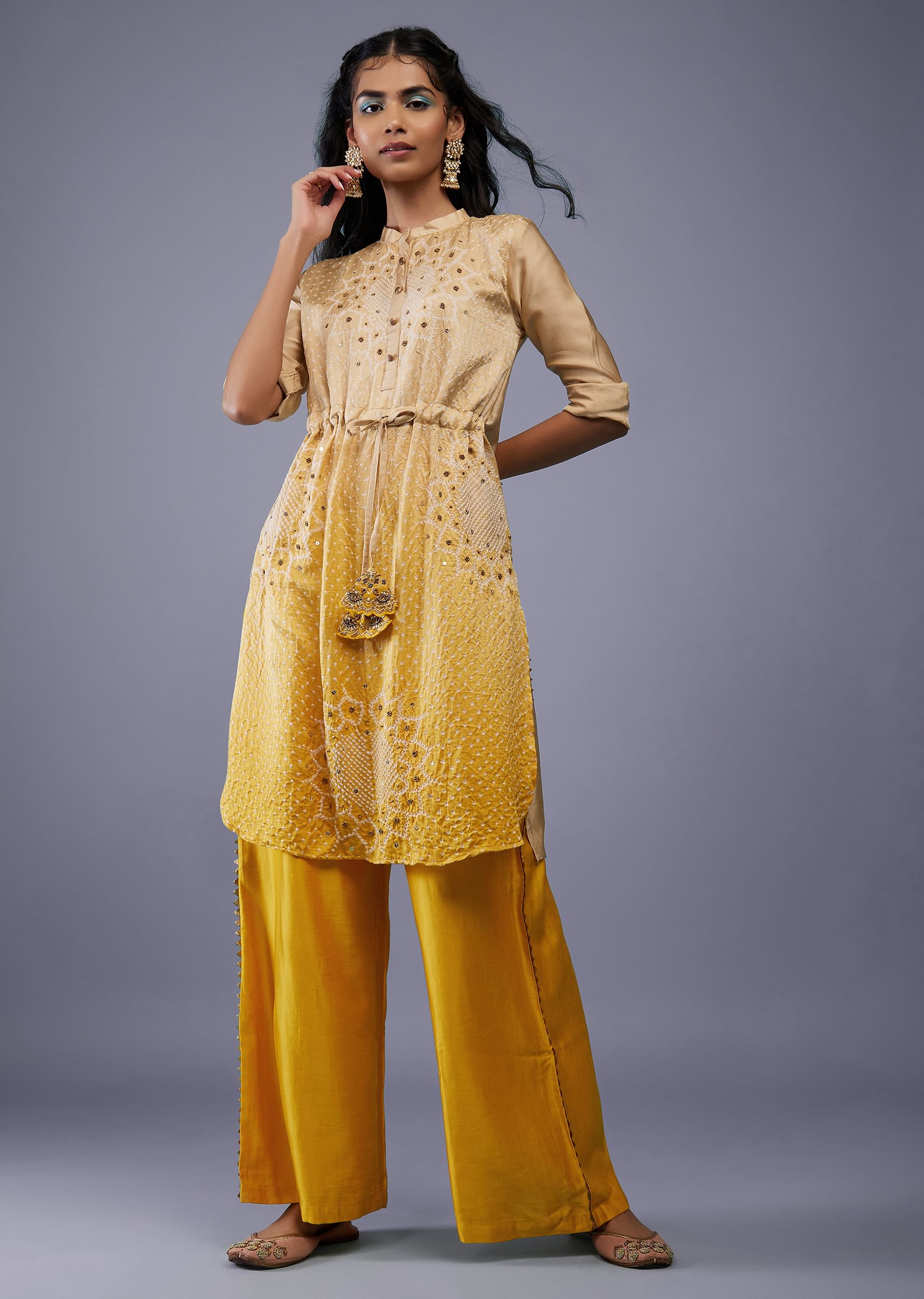 Buy Ombre Shaded Brown and Yellow Bandhani Top with Cotton