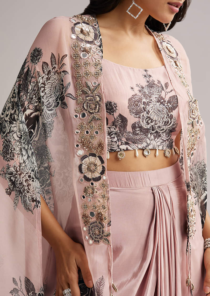 Onion Pink Floral Cape Set With Crop Top And Skirt