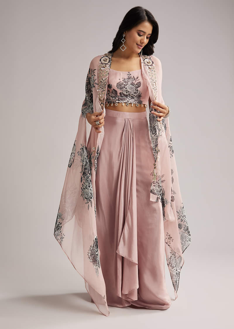 Onion Pink Floral Cape Set With Crop Top And Skirt
