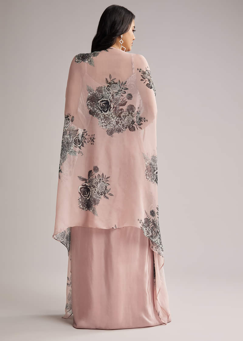 Onion Pink Floral Cape Set With Crop Top And Skirt