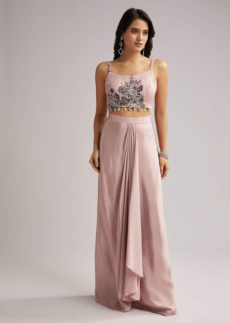 Onion Pink Floral Cape Set With Crop Top And Skirt