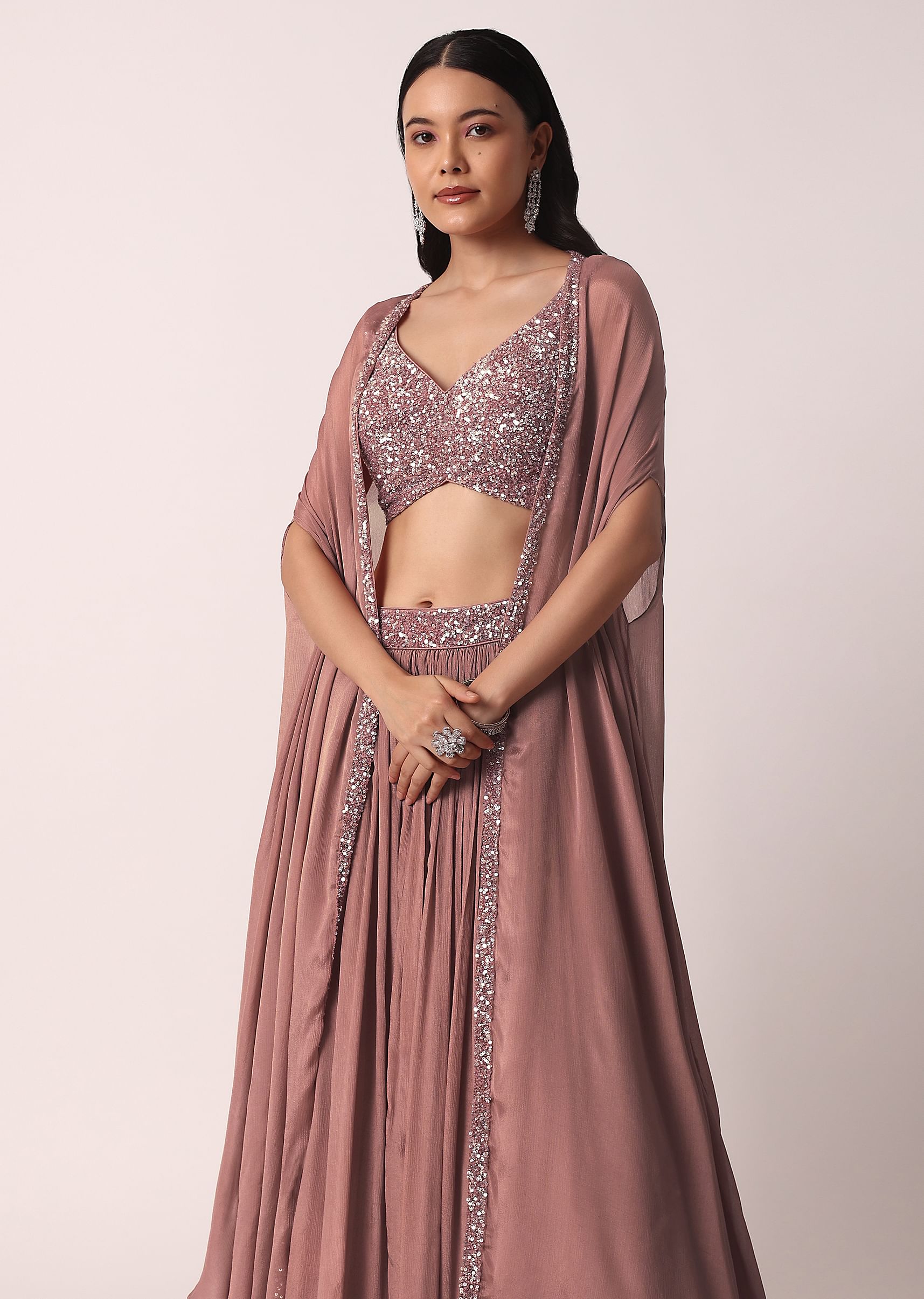Buy Onion Pink Fusion Lehenga Set With Sequin Jacket KALKI Fashion India