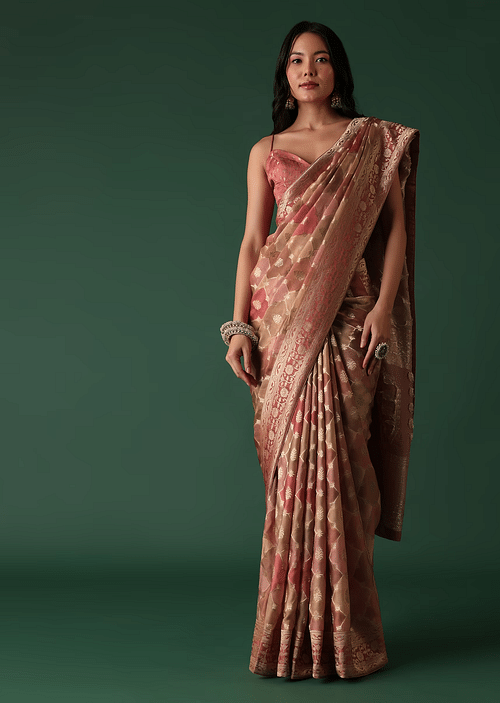 Buy Onion Pink Printed Saree And Blouse Set With Jacket In Banarasi Silk