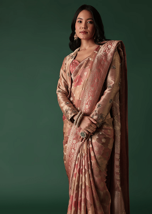 Buy Onion Pink Printed Saree And Blouse Set With Jacket In Banarasi Silk