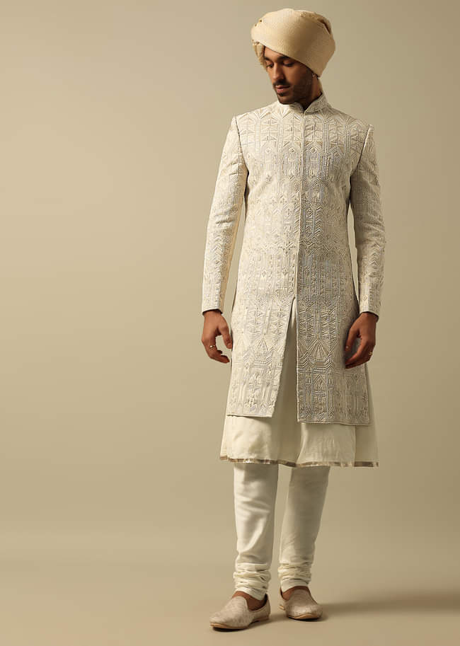 Opulent Beige Banarasi Silk Sherwani