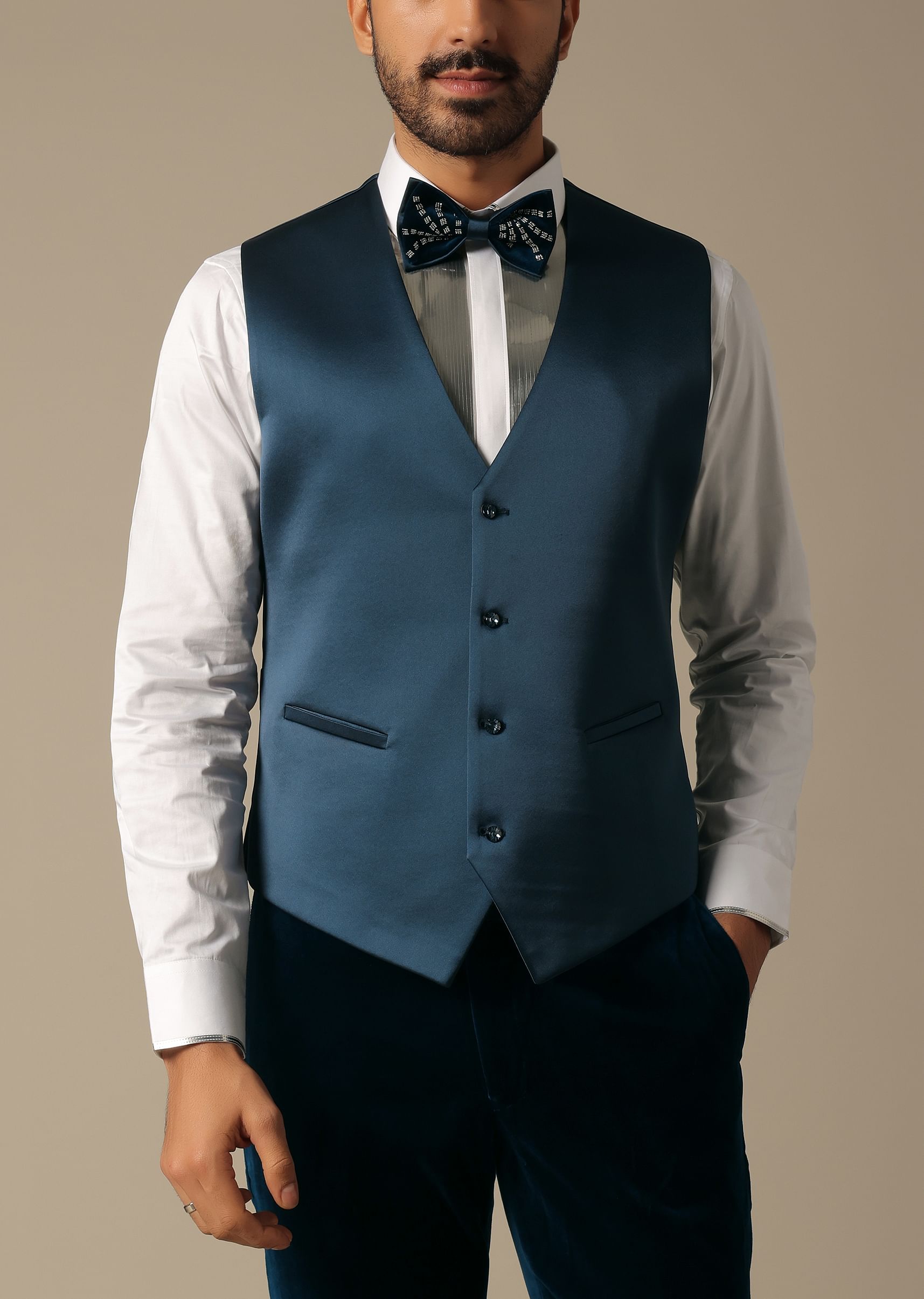 Buy Opulent Blue Velvet Tuxedo Set | KALKI Fashion Global Buy Opulent Blue Velvet Tuxedo Set | KALKI Fashion Global