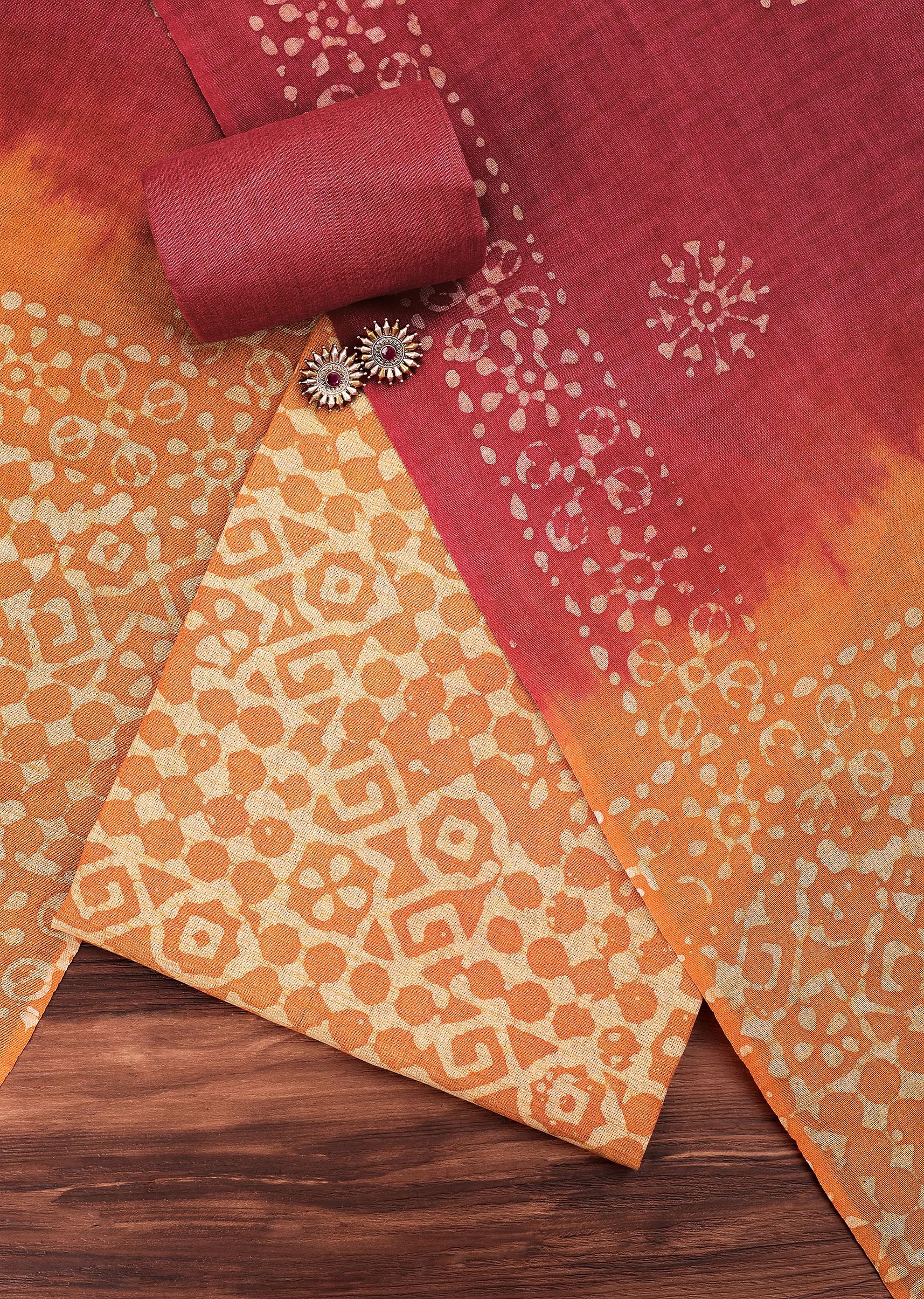 Buy Orange Batik Printed Unstitched Salwar Suit KALKI Fashion India