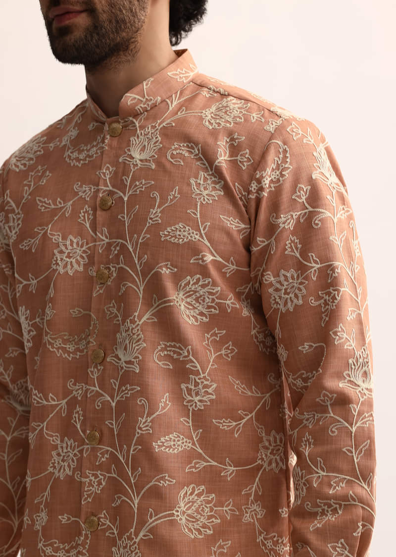 Orange Cotton Silk Embroidered Kurta Set For Men