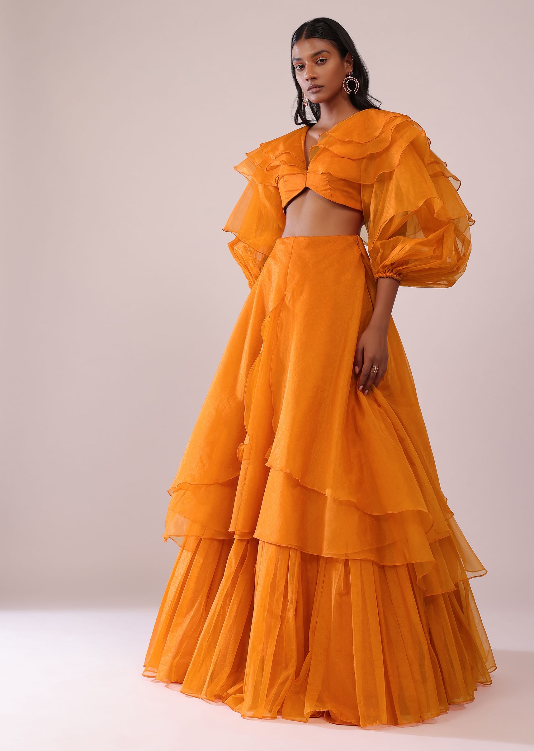 Buy Orange Layered Top And Lehenga Set In Organza KALKI Fashion India