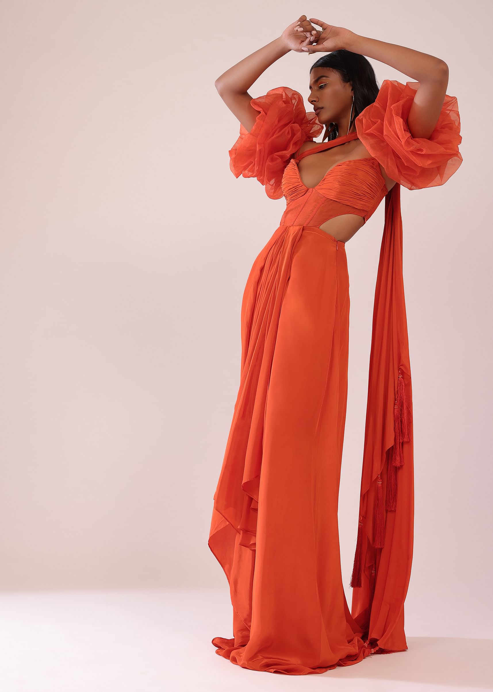 Buy Orange Indo Western Saree Gown In Crepe With Detachable Drama Sleeves in Organza KALKI Fashion Global