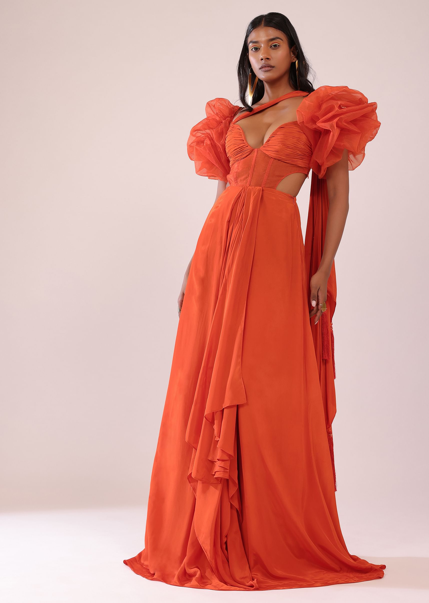 Buy Orange Indo Western Saree Gown In Crepe With Detachable Drama Sleeves in Organza KALKI Fashion India