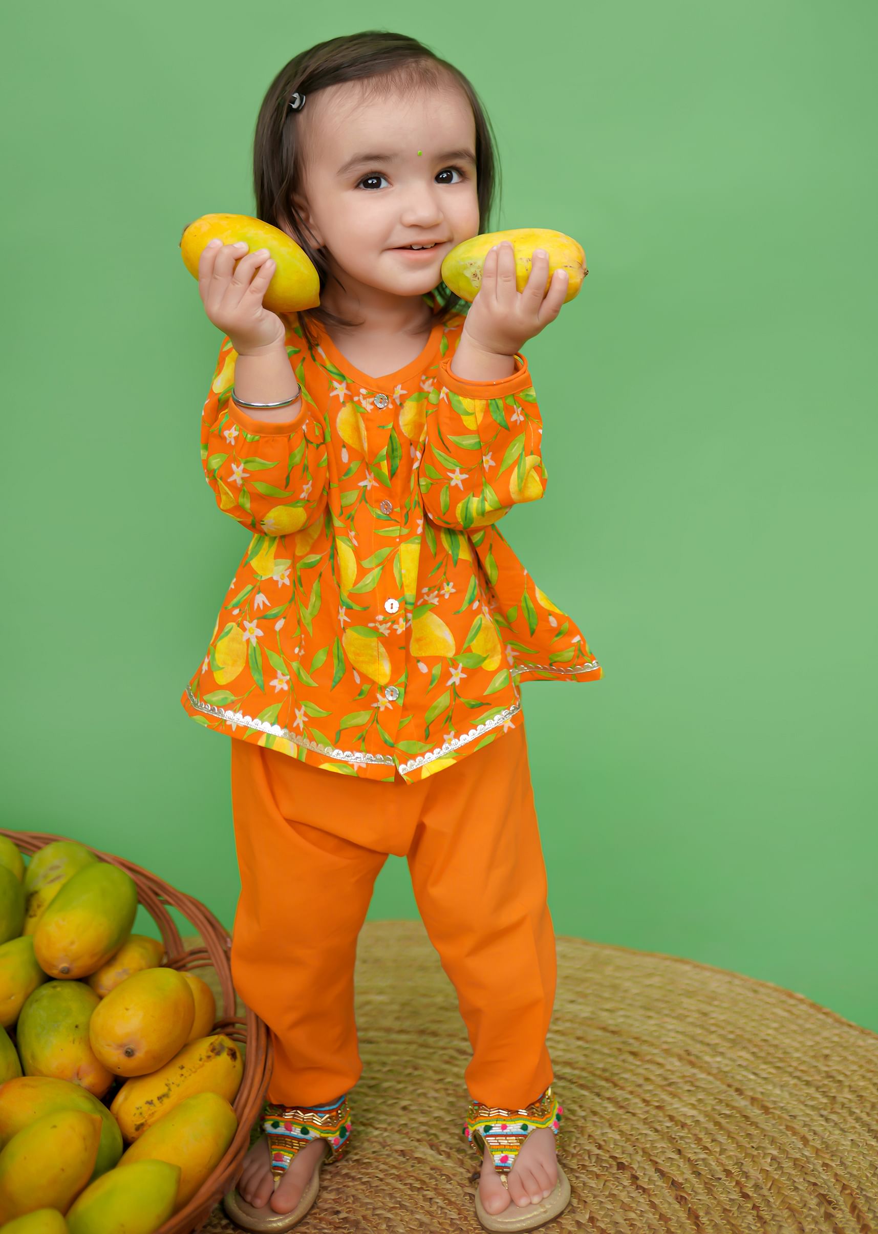 Buy Orange Kurta And Pant Set For Baby Girls With Mango Print And Front Opening By Tiber Taber KALKI Fashion Global