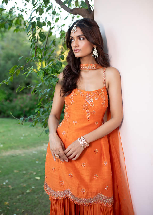 Orange Raw Silk Hand Work Kurti Sharara With Choker Dupatta