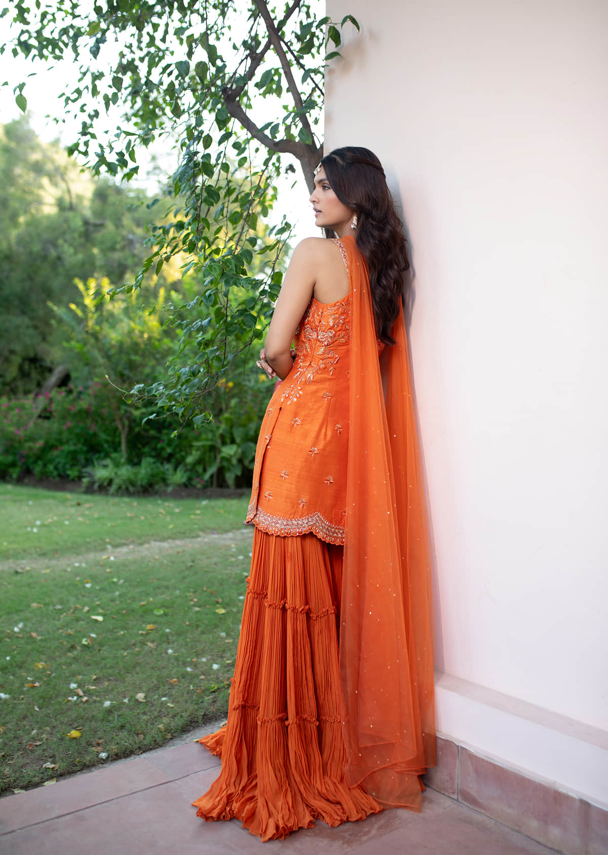 Buy Orange Raw Silk Hand Work Kurti Sharara With Choker Dupatta