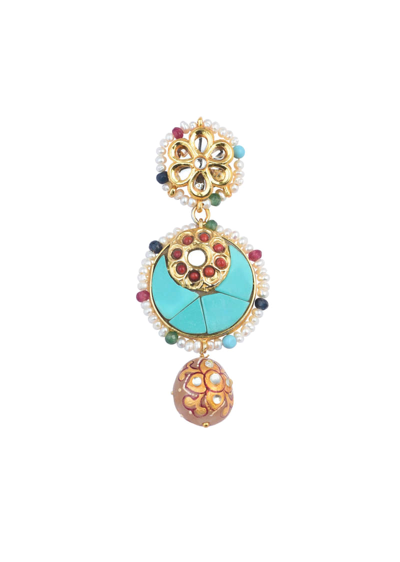 Oxidised Pendant Necklace Set With Bead Drops And Floral Motifs