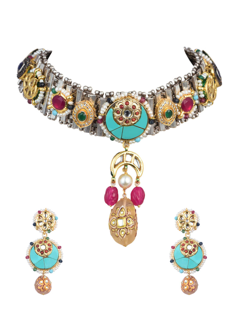 Oxidised Pendant Necklace Set With Bead Drops And Floral Motifs