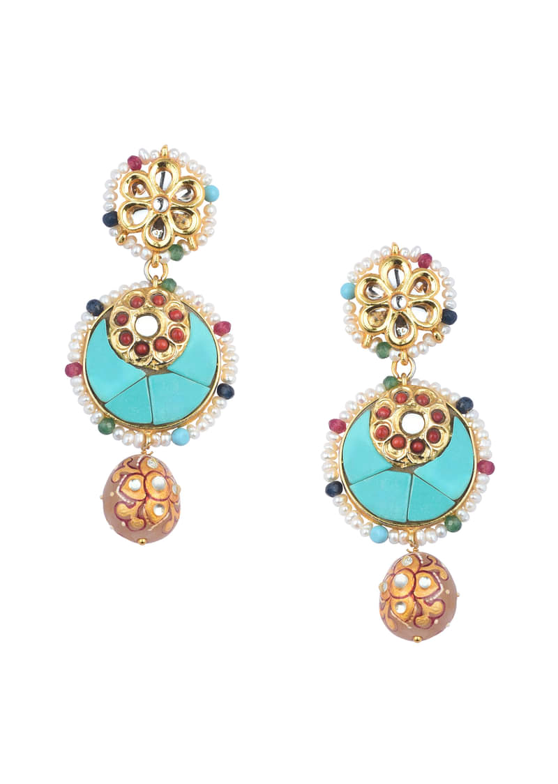 Oxidised Pendant Necklace Set With Bead Drops And Floral Motifs