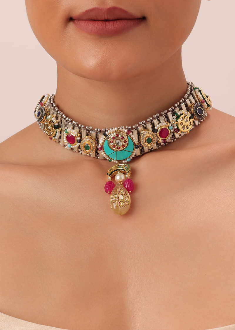 Oxidised Pendant Necklace Set With Bead Drops And Floral Motifs