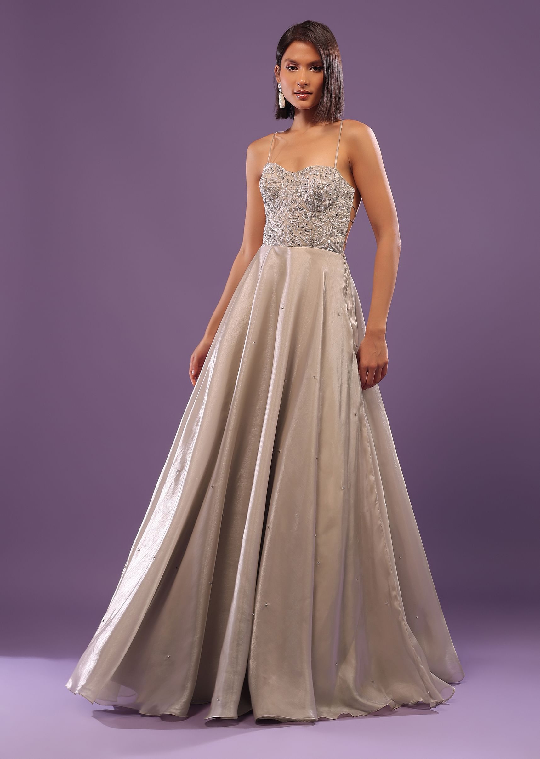 Buy Powder Green Embroidered Gown In Organza