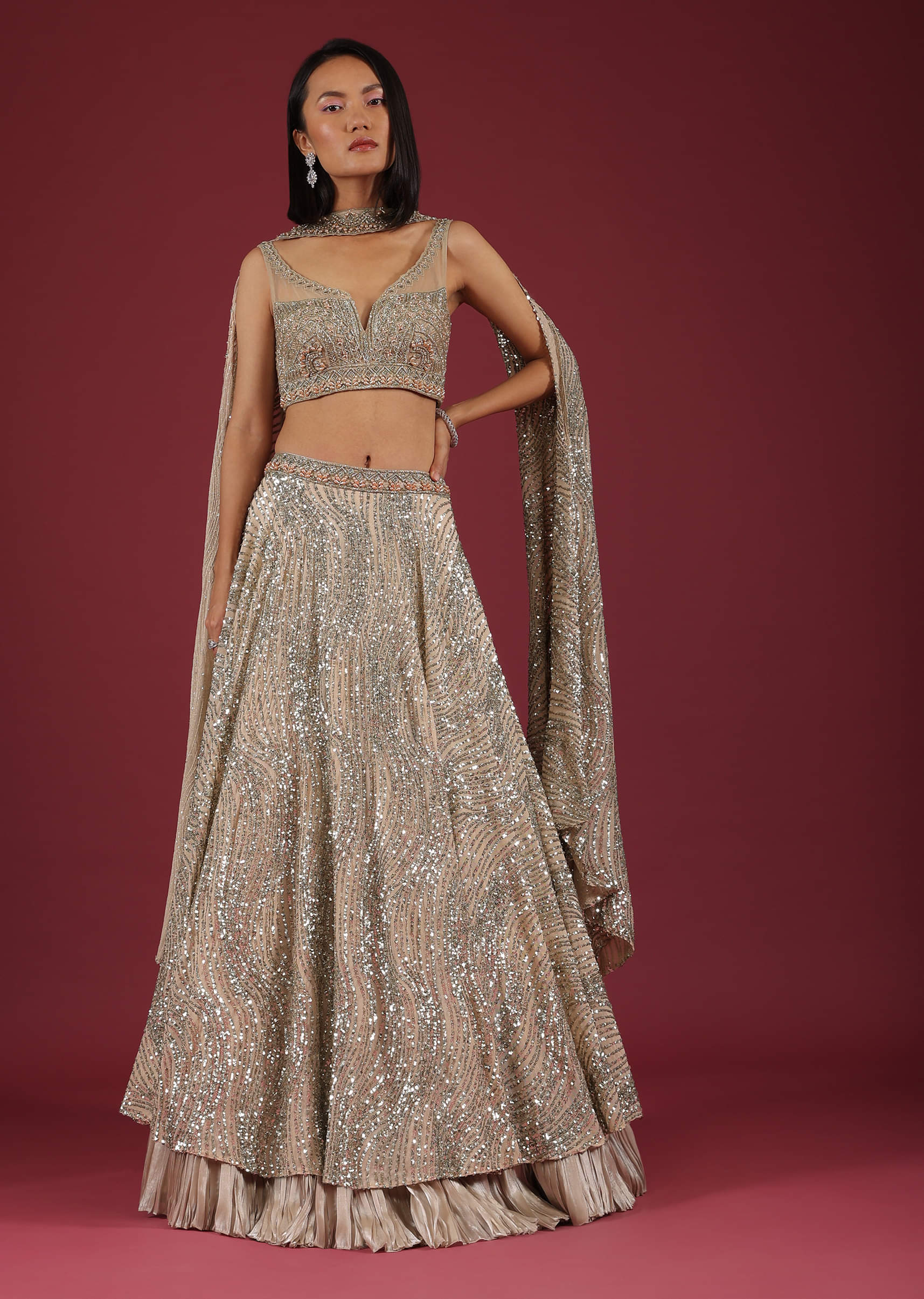 Buy Oyster Net Lehenga And Crop Top With 3D Petal Motifs And An Open Back KALKI Fashion India