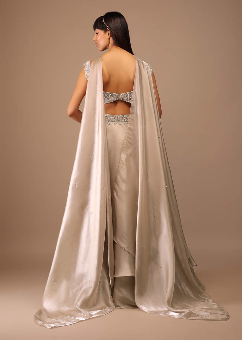 Buy Oyster Organza Layered Skirt With Sleeveless Hand