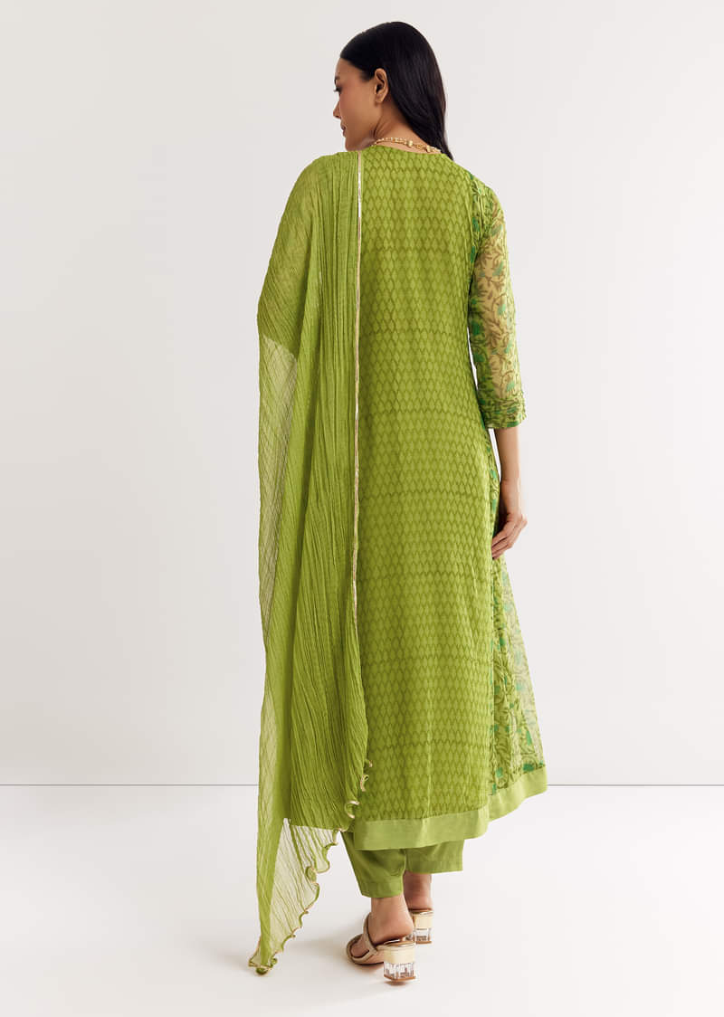 Parrot Green Floral Chiffon Anarkali Kurta Set With Dupatta