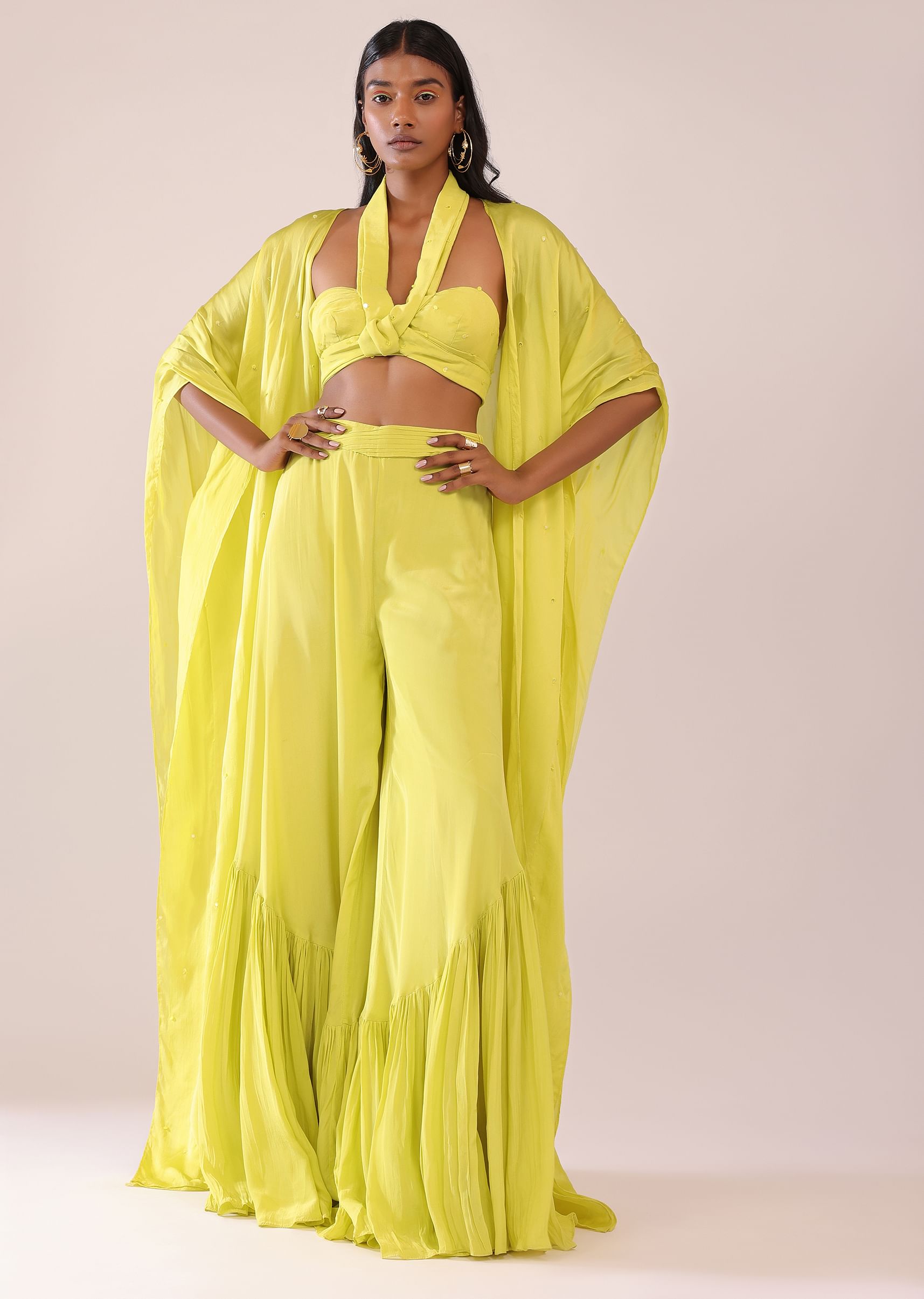 Buy Sheen Green Halter Neck Knoted Blouse And Pant Set With Floor Length Shrug