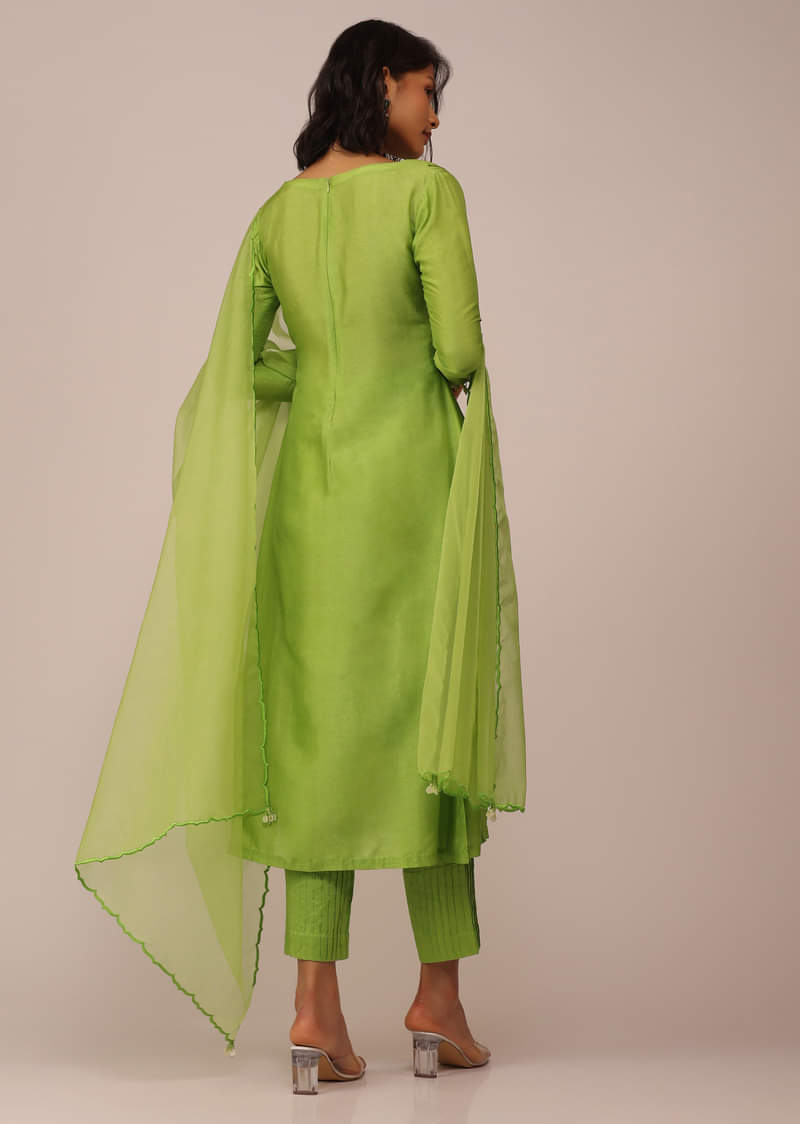 Parrot Green Suit Set In Art Silk With Tassels On The Sleeves