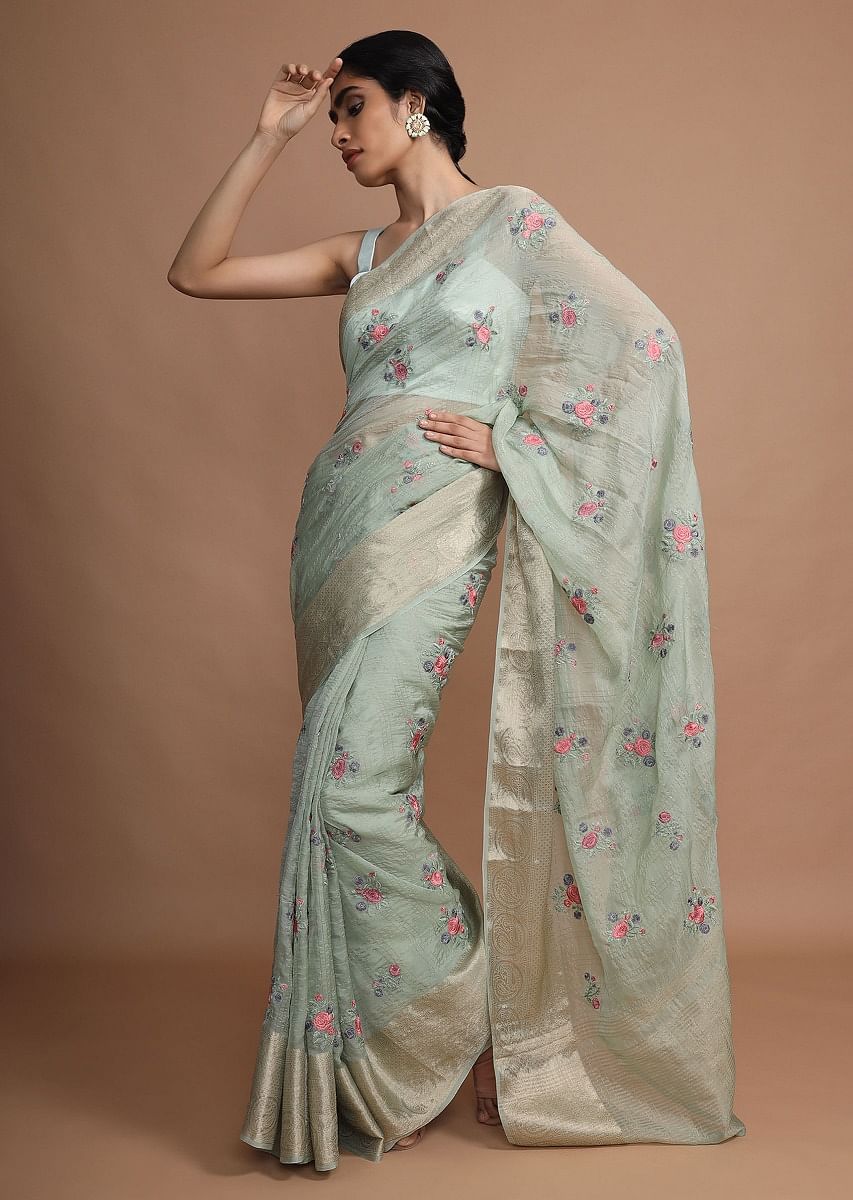 Sea Green Pearl Scallop sold Border Saree