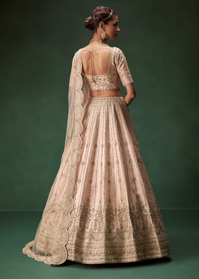 Pastel Pink Bridal Lehenga With Fully Embroidered Blouse And Layered Dupattas
