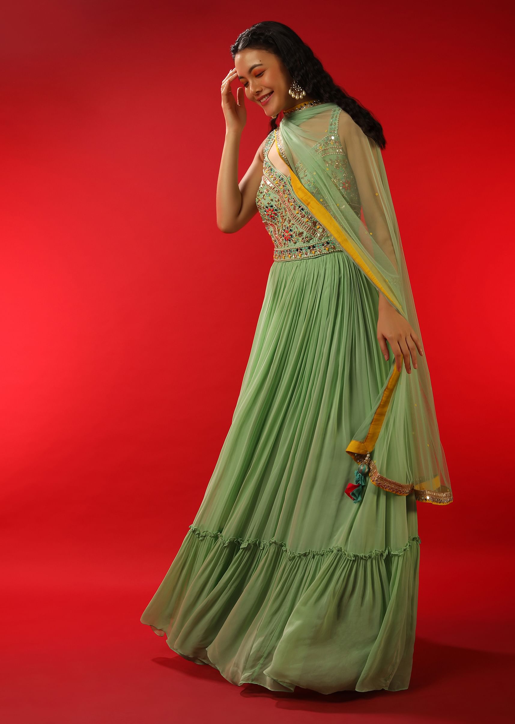 Buy Pastel Green Anarkali Suit With Multi Colored Sequins And Mirror Able Work In Floral Motifs KALKI Fashion Global