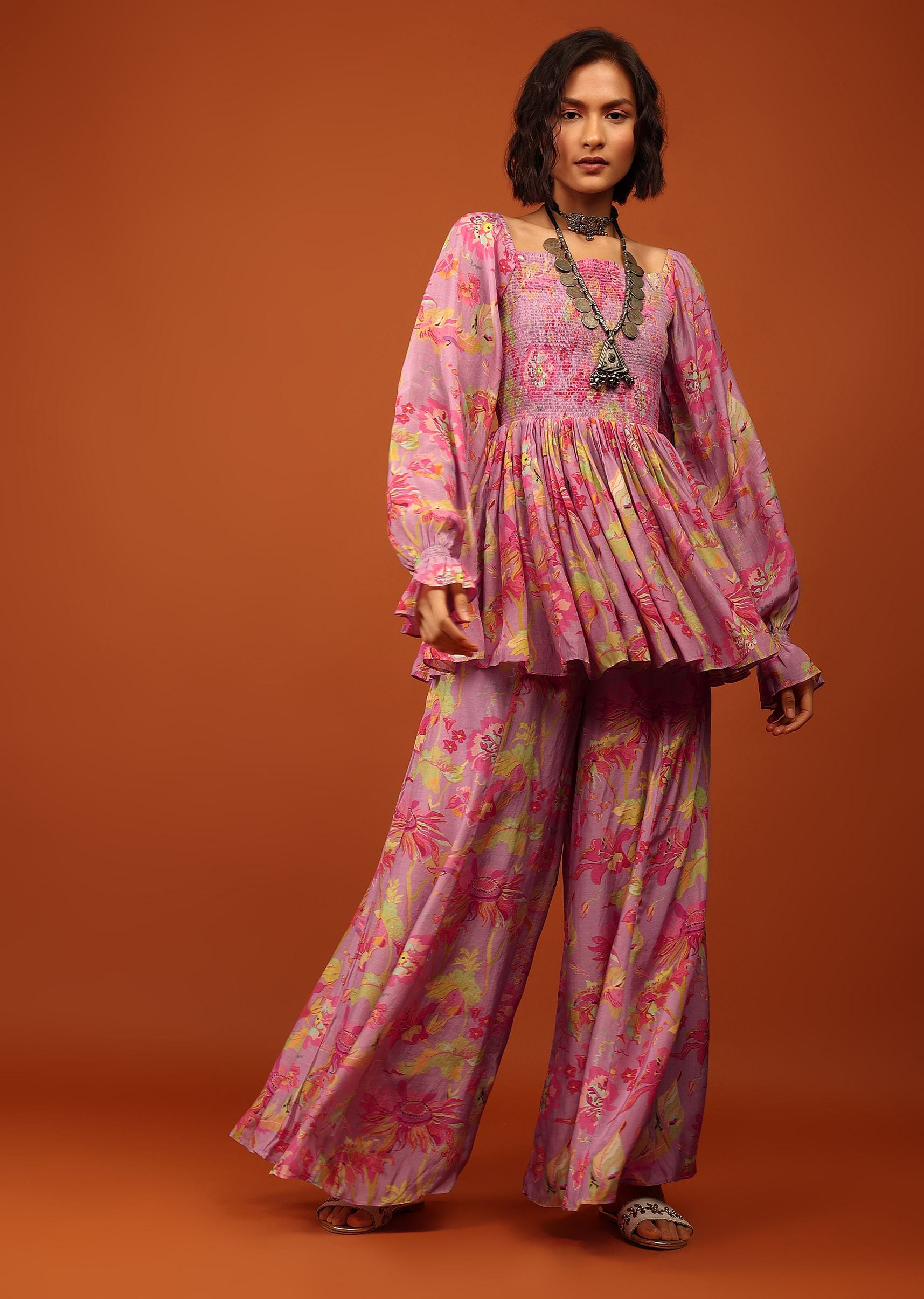 Buy lavender purple crepe top and palazzo set with an off shoulder neckline and smocked bodice