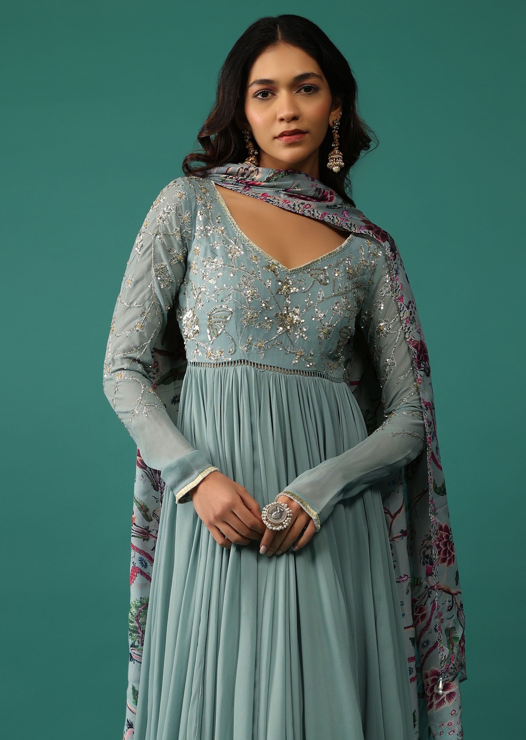 Buy Pastel Mint Blue Anarkali In Georgette With Sequins Embroidery KALKI Fashion India