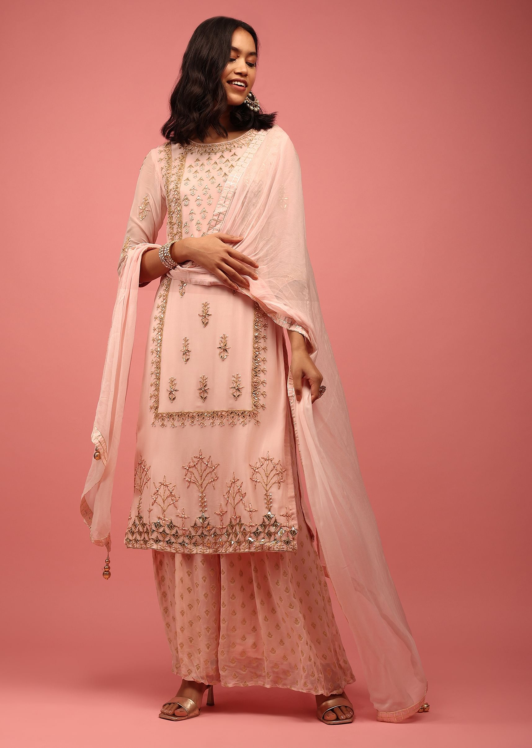 Buy Pastel Peach Palazzo Suit Fully Handcrafted In Banarasi Georgette With Embroidery KALKI Fashion India