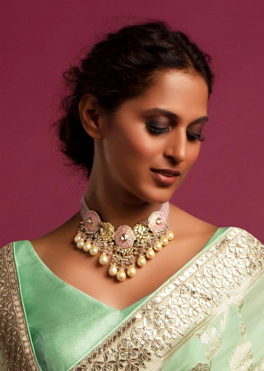 Buy Pastel Pink Choker Necklace With Mina Work And Dangling Pearls And Beads KALKI Fashion Global