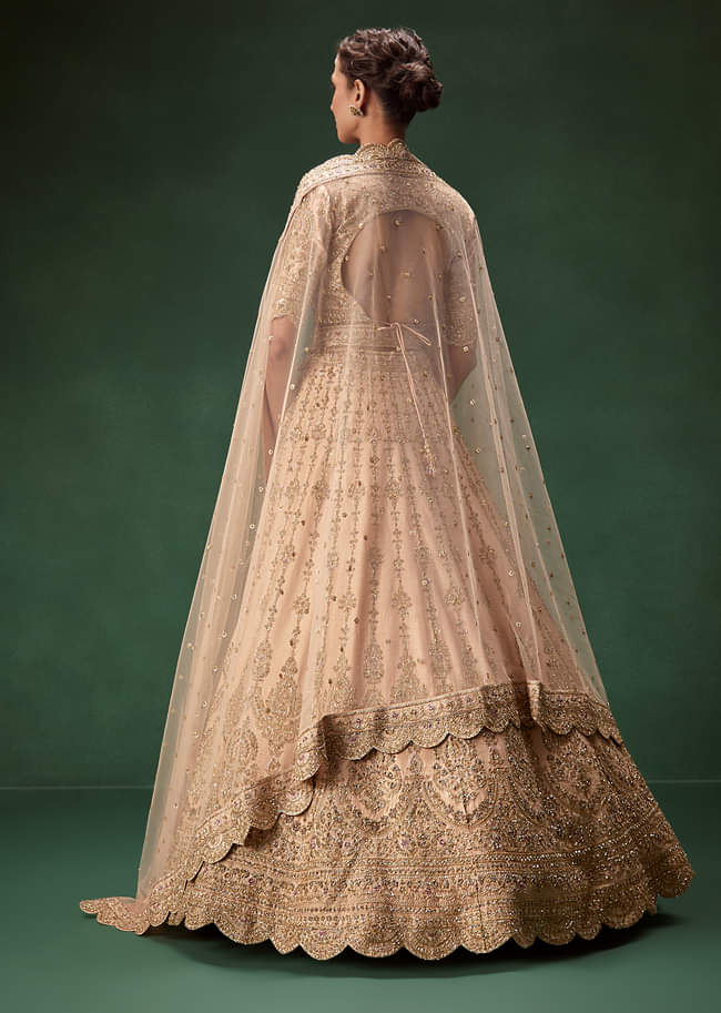 Peach Bridal Lehenga With Regal Embroidery And Single Dupatta Drape