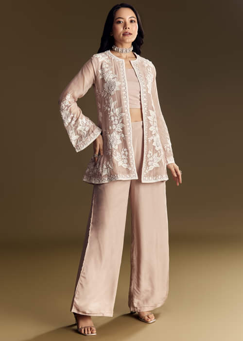 Peach Crop Top Set With Embroidered Organza Jacket Peach Crop Top Set With Embroidered Organza Jacket