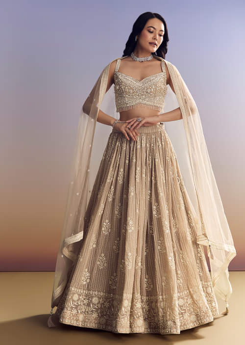 Peach Georgette Lehenga Set With Cut Dana Moti Work Peach Georgette Lehenga Set With Cut Dana Moti Work