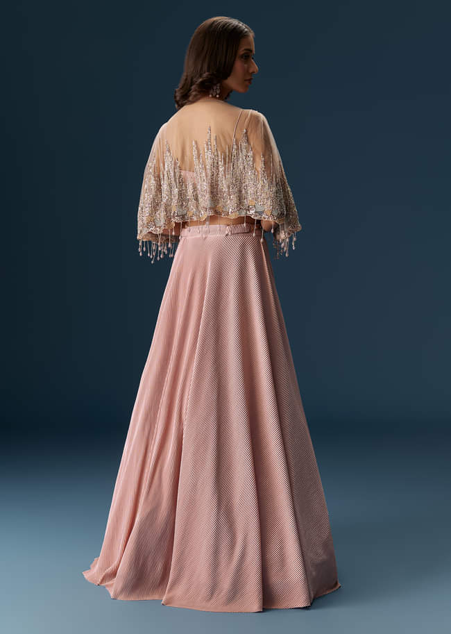 Peach Lehenga With Embroidered Blouse And Coordinating Cape