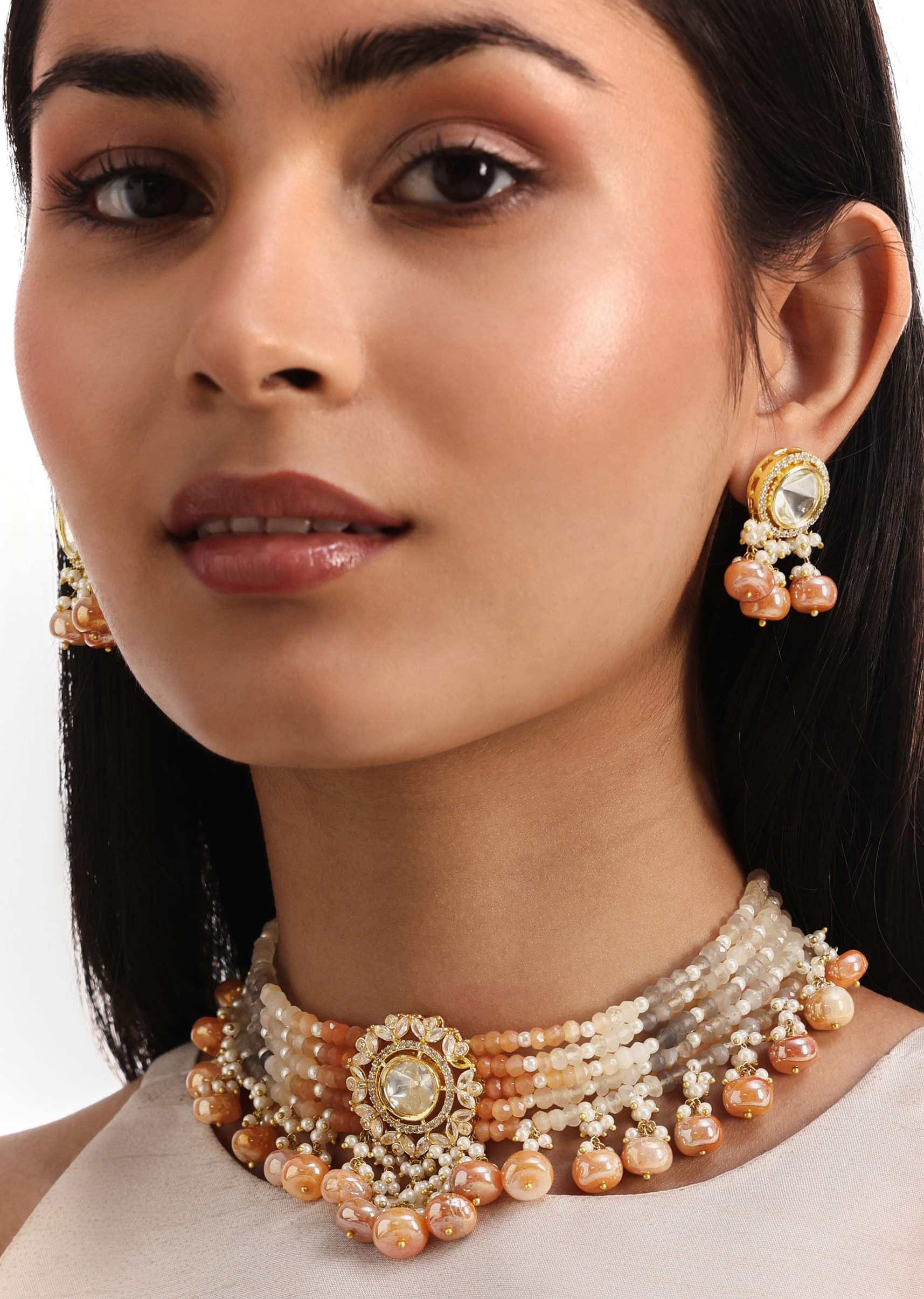 Peach And Gold Pachi Kundan Short Pendant Necklace Set