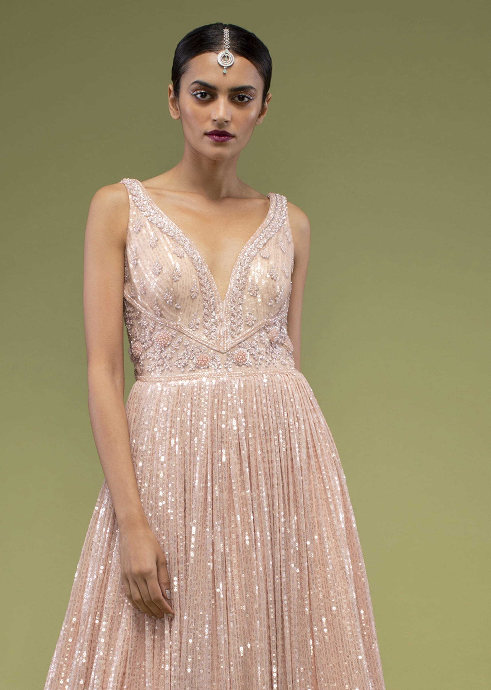 Buy Peach Blush Gown In Sleeveless With Sequins Embroidery Comes In A Sweetheart Neckline With Floral Embroidered Buttis KALKI Fashion India