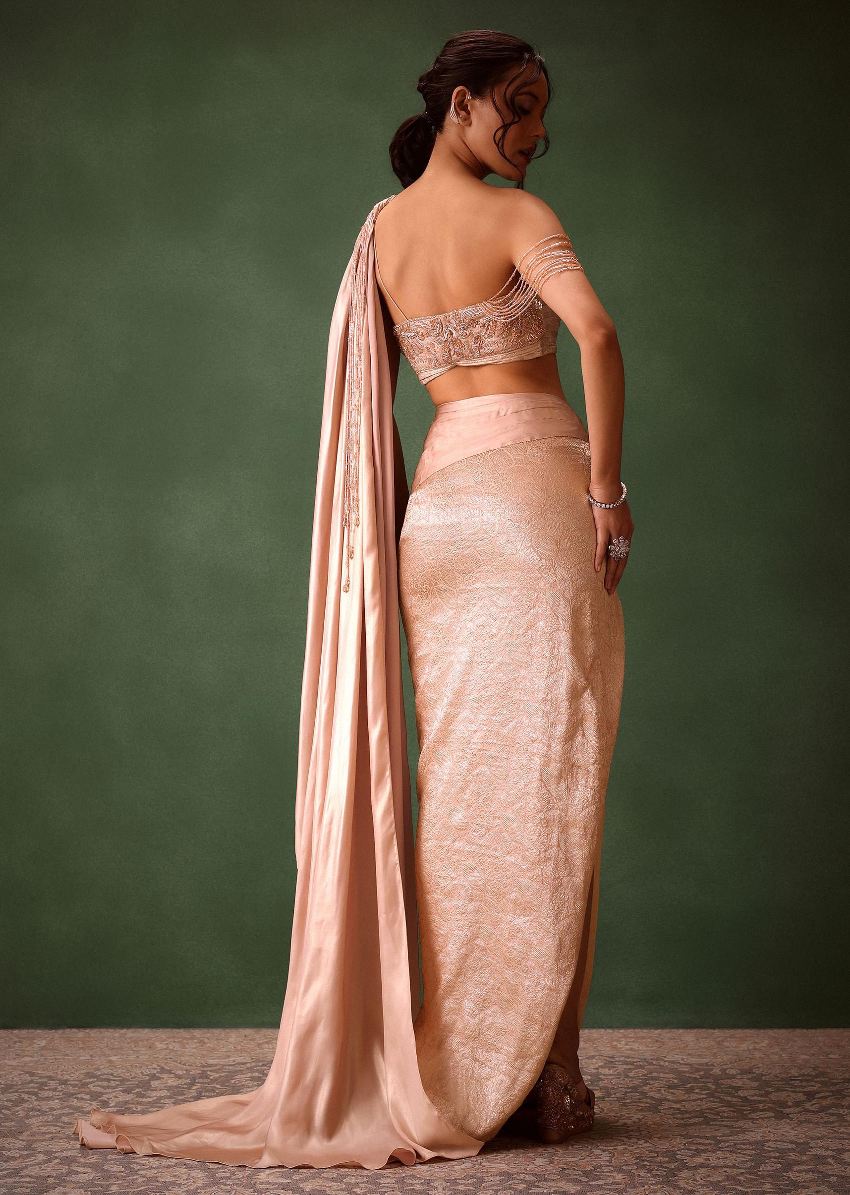 Buy Peach Brocade Draped Skirt With Pleated One Shoulder